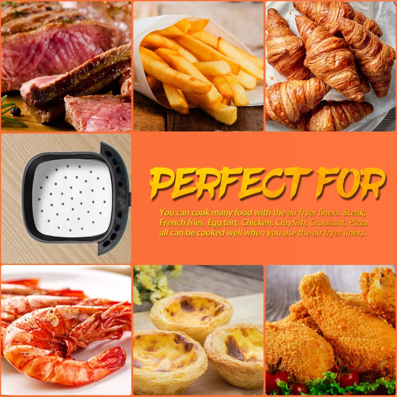 Numola 100 Pcs Air Fryer Liners Disposable Parchment Paper, 10 Inch Perforated Airfryer Sheets for Baking, Square Non-Stick Steamer Liner for Oven, Microwave, Steaming Basket - Image 4